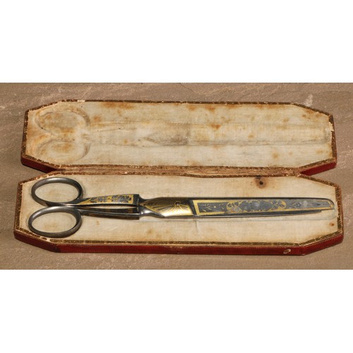 304 - A pair 19th century steel and gilt scissors, by M C Cronstedt, 17.5cm long, fitted case