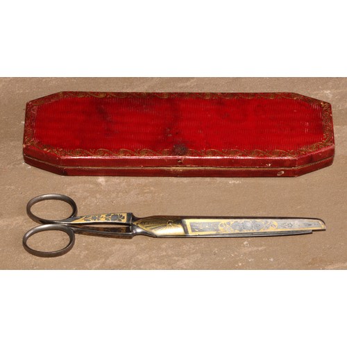 304 - A pair 19th century steel and gilt scissors, by M C Cronstedt, 17.5cm long, fitted case