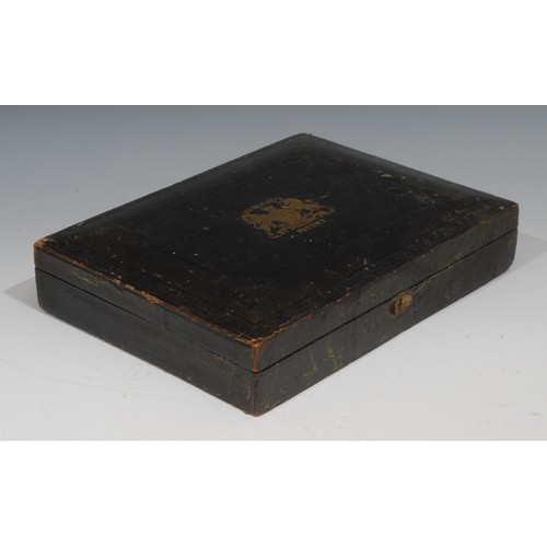 32 - A Victorian rectangular embossed Morocco leather patent document box, with Royal coat of arms in gil... 