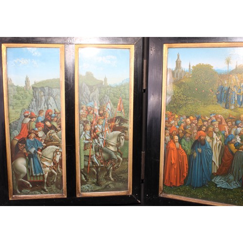 3 - A late 19th/early 20th century antiquarian's facsimile triptych, after the Ghent altarpiece, the pan... 
