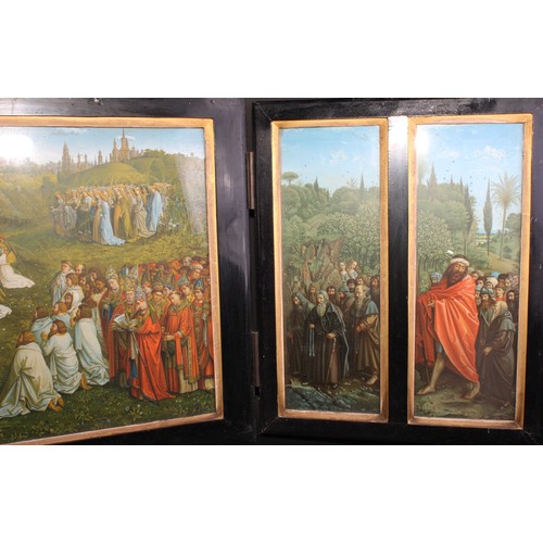 3 - A late 19th/early 20th century antiquarian's facsimile triptych, after the Ghent altarpiece, the pan... 
