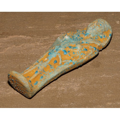 866 - Antiquities - an Egyptian shabti, 15cm long; another, turquoise glaze; another (3)