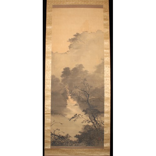 176 - A Chinese scroll, depicting a tree in a landscape, 58cm wide, early 20th century