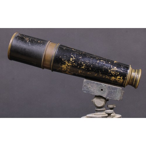 727 - An early 20th century brass three-draw telescope, inscribed Reconditioned for John Barker & Co Ltd, ... 