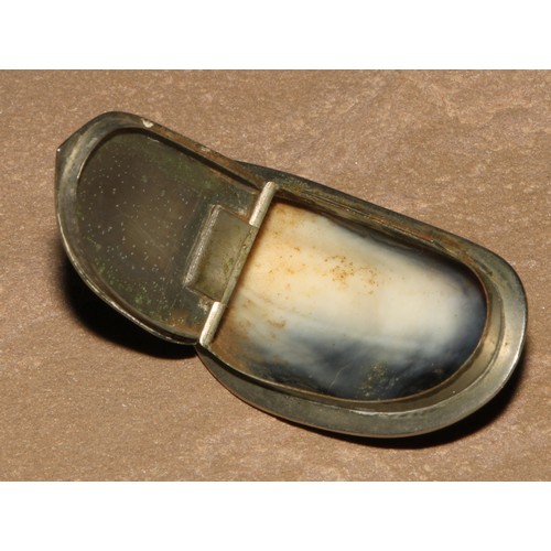 78 - A 19th century mussel shell snuff box, hinged cover inscribed J K Trill, Newport, c.1880