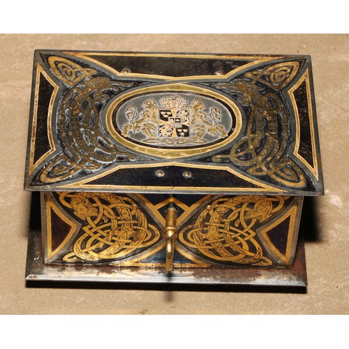 376 - A Swedish Arts and Crafts period blue and gilt damascened steel casket, decorated with Norse inspire... 