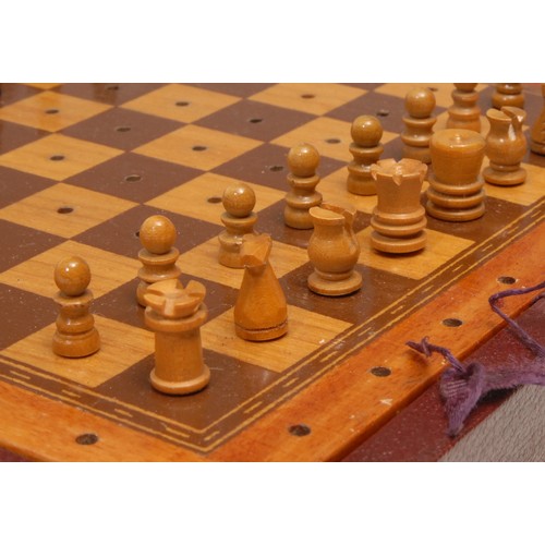 378 - A travelling chess set, by Jaques & Son Ltd, London, the inlaid board 21cm wide, cased