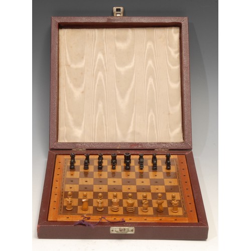 378 - A travelling chess set, by Jaques & Son Ltd, London, the inlaid board 21cm wide, cased