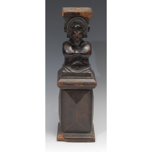 297 - A North European oak fragment, carved in the Renaissance manner as a bust length male herm, square b... 