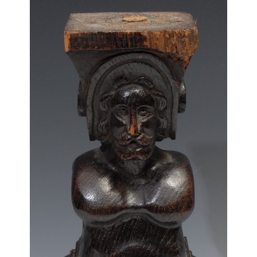 297 - A North European oak fragment, carved in the Renaissance manner as a bust length male herm, square b... 