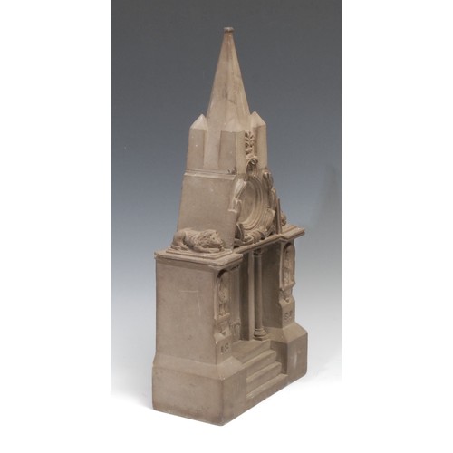 375 - A substantial Victorian stone architectural pocket watch stand, carved as a Gothic doorway, panelled... 