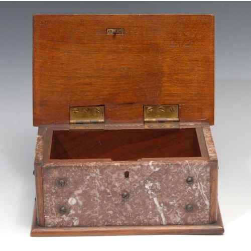 77 - A 19th century marble table casket, the mahogany carcass applied overall with veined panels, hinged ... 