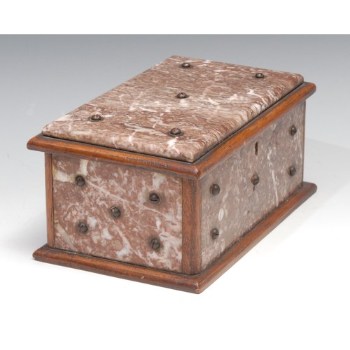 77 - A 19th century marble table casket, the mahogany carcass applied overall with veined panels, hinged ... 