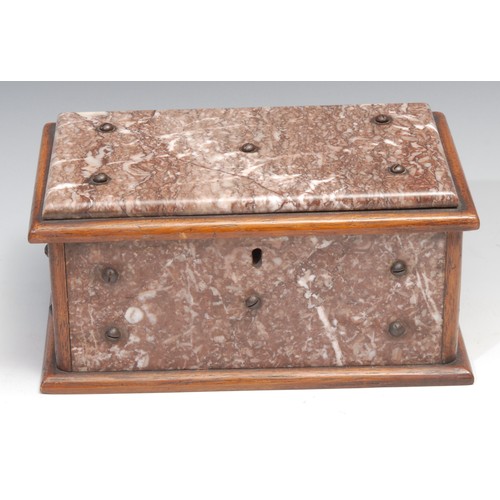 77 - A 19th century marble table casket, the mahogany carcass applied overall with veined panels, hinged ... 