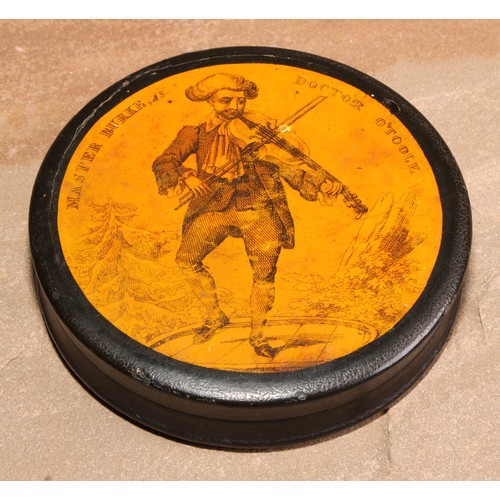 659 - The Georgian Theatre and Irish Theatrical History - a 19th century papier mache circular snuff box, ... 