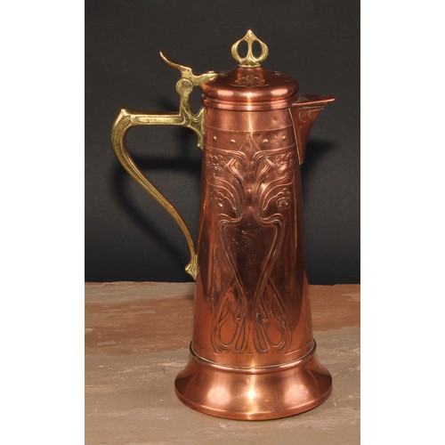 695 - A WMF Art Nouveau copper and brass spreading cylindrical jug, embossed with stylised flower buds and... 