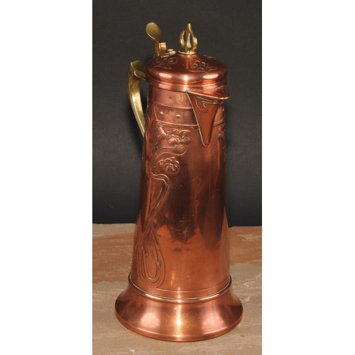 695 - A WMF Art Nouveau copper and brass spreading cylindrical jug, embossed with stylised flower buds and... 