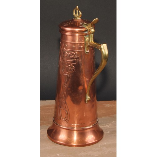 695 - A WMF Art Nouveau copper and brass spreading cylindrical jug, embossed with stylised flower buds and... 