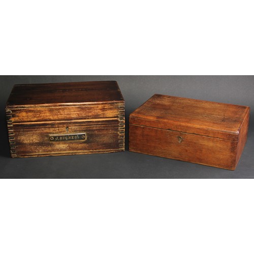 407 - A WWI pine rectangular ditty box, hinged cover, brass plaque to front inscribed 'J. HUGHES', interio... 