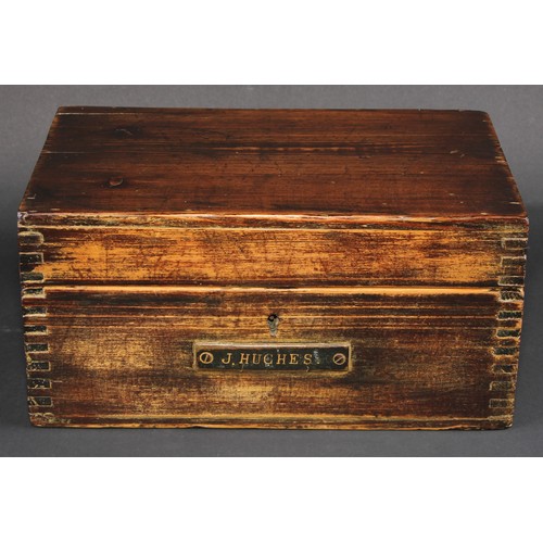 407 - A WWI pine rectangular ditty box, hinged cover, brass plaque to front inscribed 'J. HUGHES', interio... 