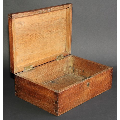 407 - A WWI pine rectangular ditty box, hinged cover, brass plaque to front inscribed 'J. HUGHES', interio... 