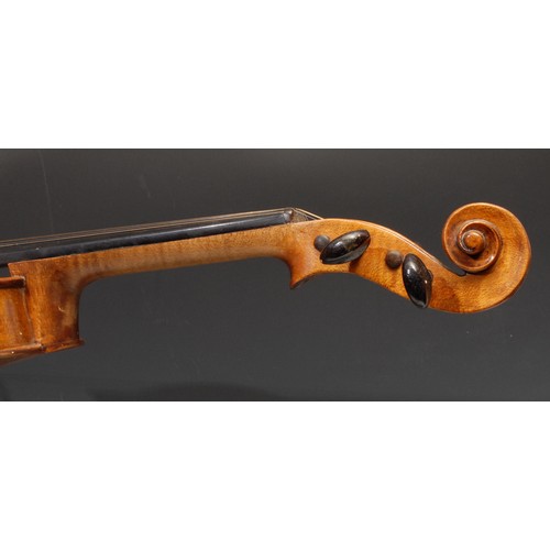 401 - A violin, the two-piece back 35.75cm long excluding button, ebonised tuning pegs, outlined throughou... 