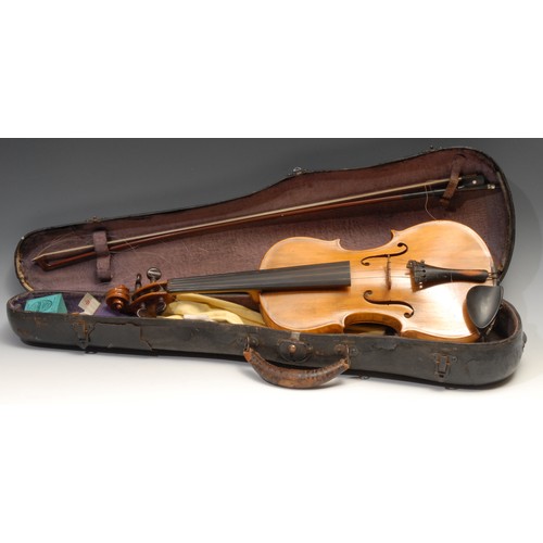 401 - A violin, the two-piece back 35.75cm long excluding button, ebonised tuning pegs, outlined throughou... 