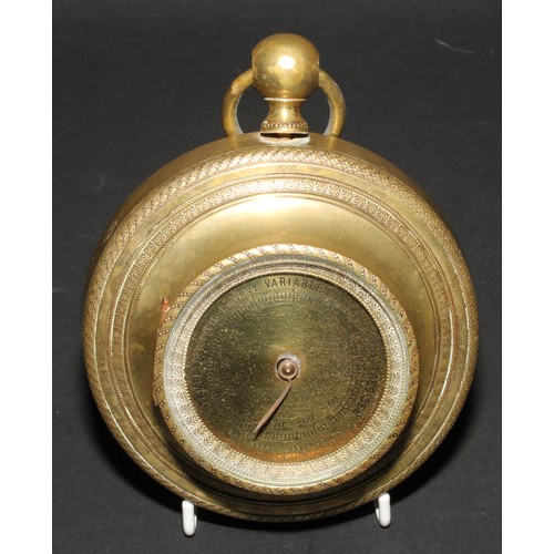 211 - A French Empire gilt brass sedan barometer, 5.5cm circular register, ring finial, 11cm diam, 19th ce... 