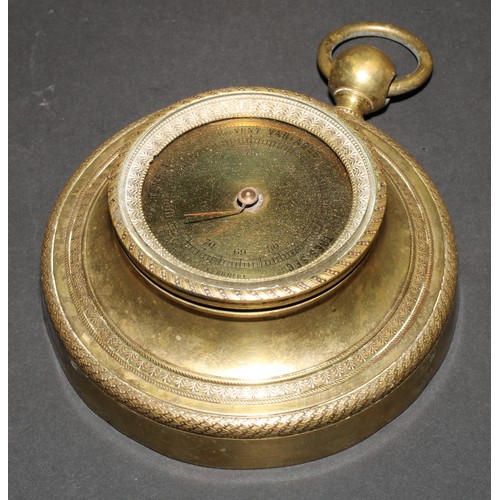 211 - A French Empire gilt brass sedan barometer, 5.5cm circular register, ring finial, 11cm diam, 19th ce... 