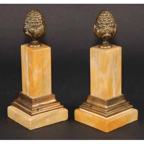 343 - A pair of Neo-Classical Revival gilt metal mounted yellow marble desk ‘obelisks’, acanthus bud finia... 