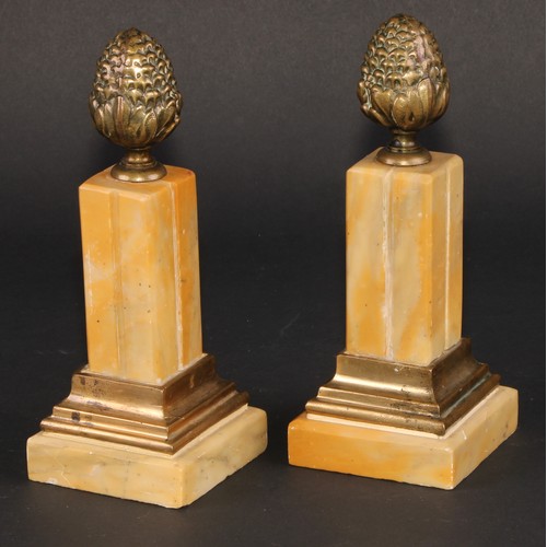 343 - A pair of Neo-Classical Revival gilt metal mounted yellow marble desk ‘obelisks’, acanthus bud finia... 