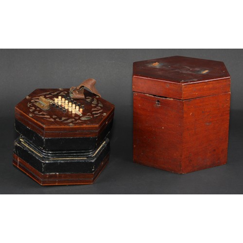 753 - A 19th century rosewood concertina, the pierced hexagonal ends with forty eight  bone keys, tooled a... 