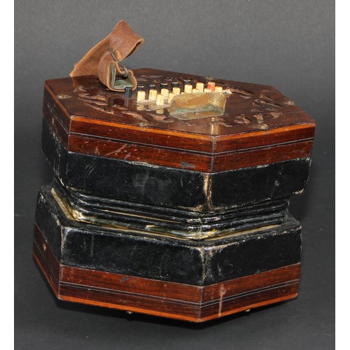 753 - A 19th century rosewood concertina, the pierced hexagonal ends with forty eight  bone keys, tooled a... 