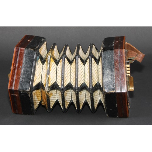 753 - A 19th century rosewood concertina, the pierced hexagonal ends with forty eight  bone keys, tooled a... 