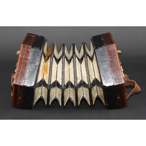 753 - A 19th century rosewood concertina, the pierced hexagonal ends with forty eight  bone keys, tooled a... 