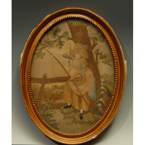 221 - A George III oval silk and wool work picture, depicting a finely dressed lady fishing, 25cm x 18cm, ... 