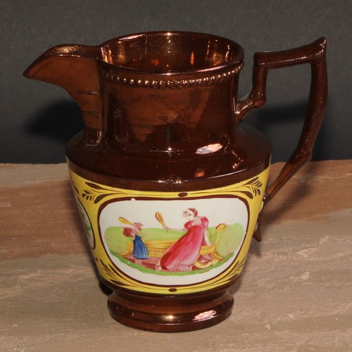 39 - A 19th century copper lustre jug, printed in polychrome with a mother and child at play, in a Regenc... 