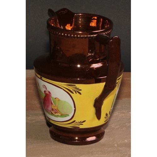 39 - A 19th century copper lustre jug, printed in polychrome with a mother and child at play, in a Regenc... 