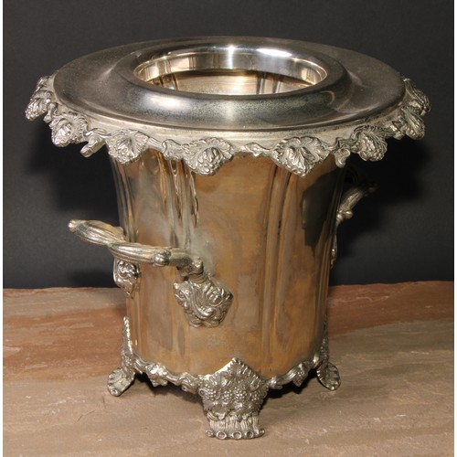 403 - A William IV style E.P.N.S wine cooler, branch handles, fruiting vine borders and feet, 24cm high