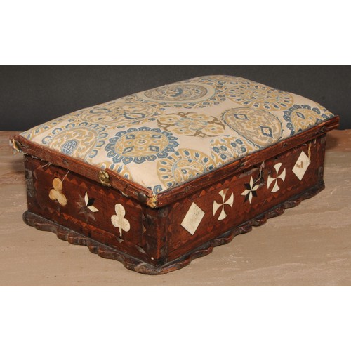 447 - An early 18th century mahogany and marquetry shaped rectangular table box, hinged cover with stuffed... 