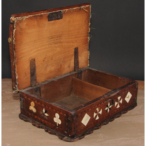 447 - An early 18th century mahogany and marquetry shaped rectangular table box, hinged cover with stuffed... 