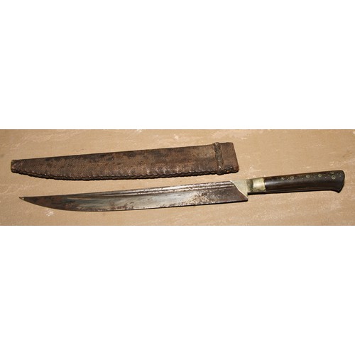 863 - A Middle Eastern knife or dagger, 26cm slightly curved fullered blade, two-piece horn handle inlaid ... 