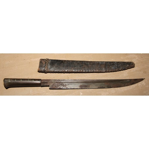 863 - A Middle Eastern knife or dagger, 26cm slightly curved fullered blade, two-piece horn handle inlaid ... 