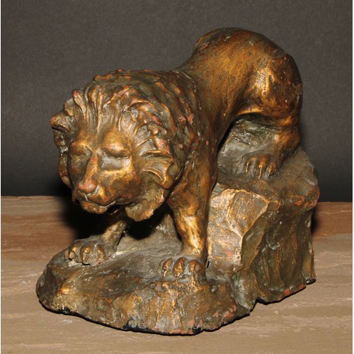 621 - Modern British School, a gilt patinated terracotta maquette, of a lion, 25cm long