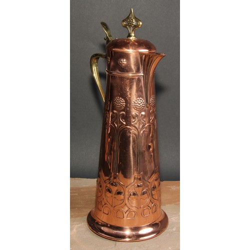 404 - A WMF Secessionist copper and brass spreading cylindrical flagon, embossed with stylised organic for... 