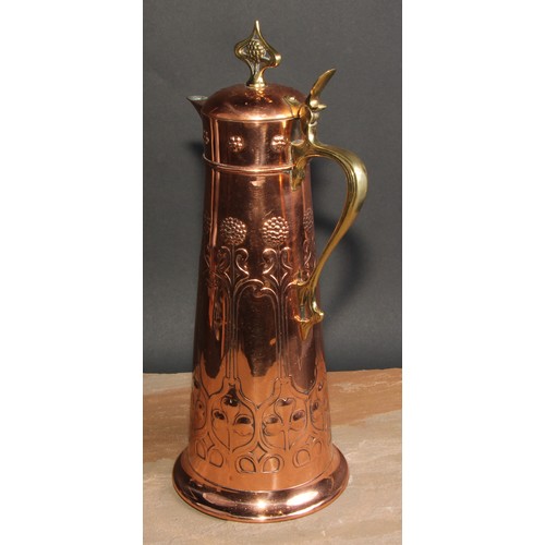 404 - A WMF Secessionist copper and brass spreading cylindrical flagon, embossed with stylised organic for... 