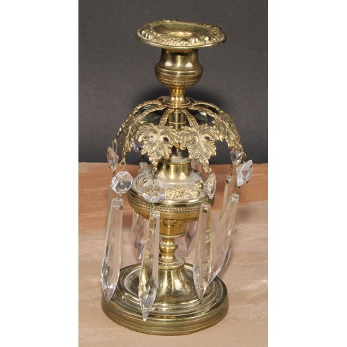 345 - A pair of post Regency candle lustres, each campana sconce above a band of vine leaves, faceted drop... 