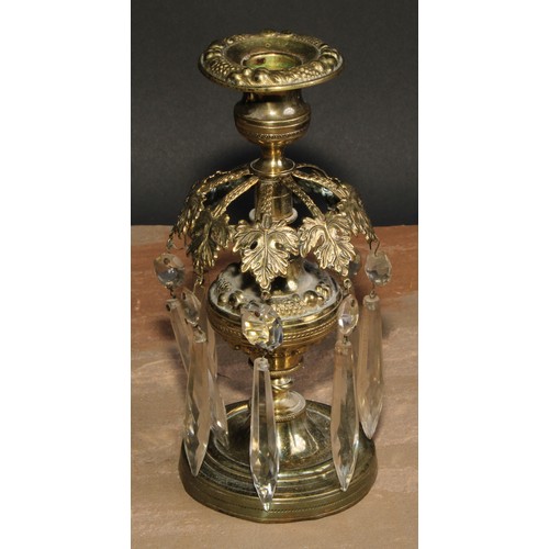 345 - A pair of post Regency candle lustres, each campana sconce above a band of vine leaves, faceted drop... 