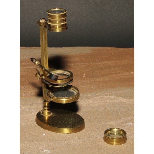 718 - A George III lacquered brass travelling pocket microscope, square pillar, concave mirror, oval base,... 