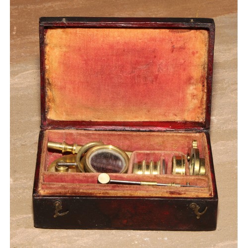 718 - A George III lacquered brass travelling pocket microscope, square pillar, concave mirror, oval base,... 